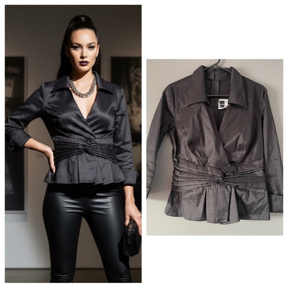 Tadashi Shoji Tops - Tadashi Shoji Black Faux Wrap Blouse Corset Waist Size 12